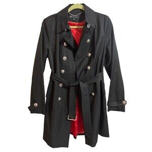 INC International Concepts Women's Black Satin Trench Coat size M Peplum Back